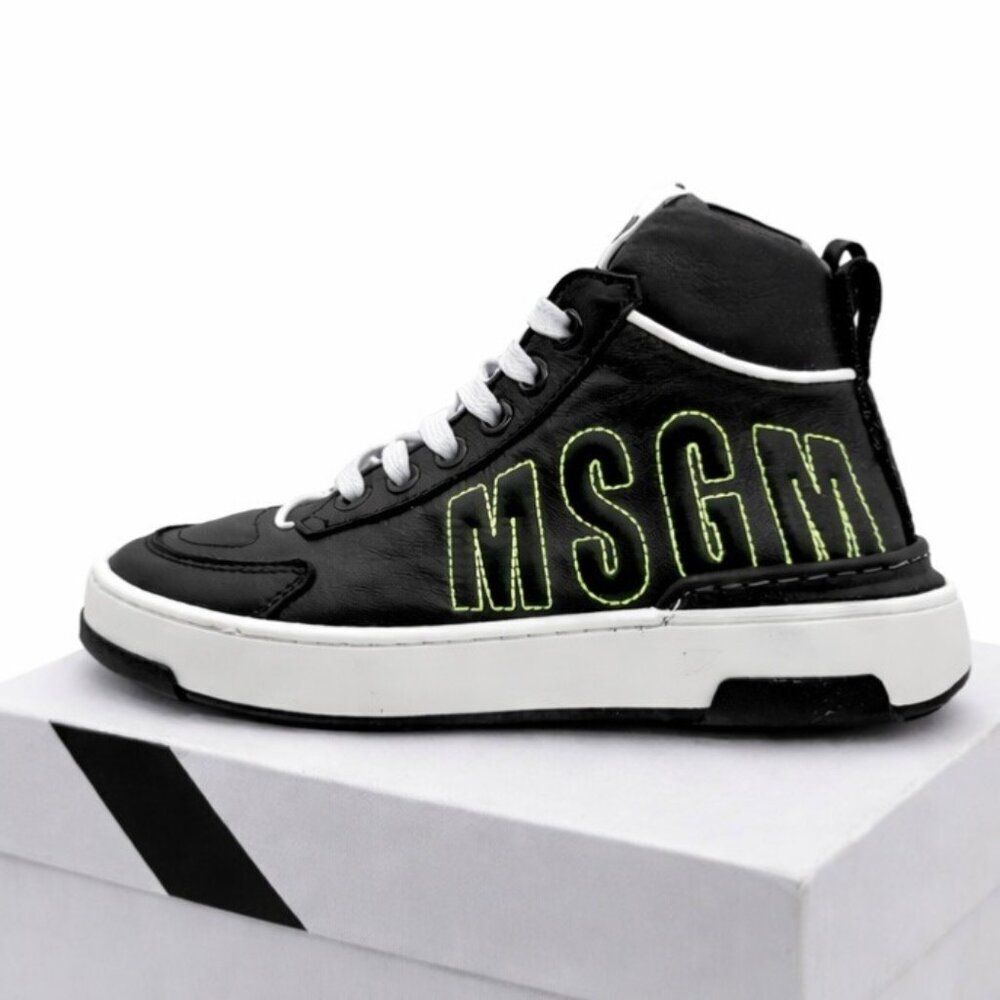 MSGM Kids $235 Kips Nero Leather Logo High-Top Sneakers Size 31 EU New